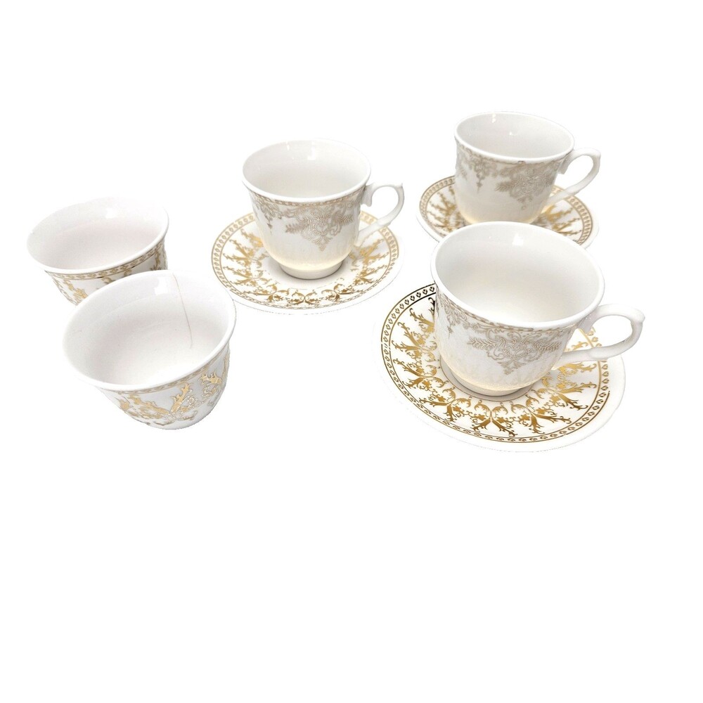 Demitasse Cup and Saucer Set of 3 + Gold Floral Damask Tea or Espresso
